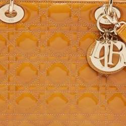 Pre Owned Dior Yellow Cannage Patent Leather Medium Lady Dior Tote