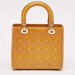 Pre Owned Dior Yellow Cannage Patent Leather Medium Lady Dior Tote