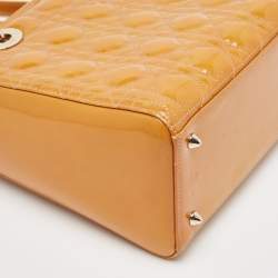 Pre Owned Dior Yellow Cannage Patent Leather Medium Lady Dior Tote