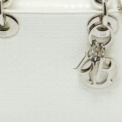 Pre Owned Dior White Microcannage Patent Leather Mini Lady Dior Tote