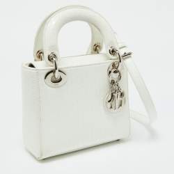 Pre Owned Dior White Microcannage Patent Leather Mini Lady Dior Tote
