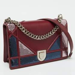 Pre Owned Dior Burgundy Leather and Sequins Medium Diorama Shoulder Bag