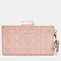 Pre Owned Dior Light Pink Cannage Patent Leather Jasmine Card Holder