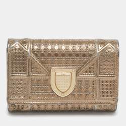 Pre Owned Dior Gold Mircoannage Patent Leather Diorama Trifold Wallet