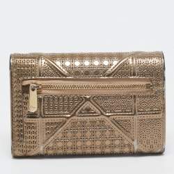 Pre Owned Dior Gold Mircoannage Patent Leather Diorama Trifold Wallet