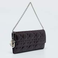 Pre Owned Dior Purple Cannage Patent Leather Lady Dior Wallet On Chain