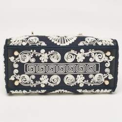 Pre Owned Dior Navy Blue/White Embroidered Cornely Canvas Medium Lady D-Lite Tote
