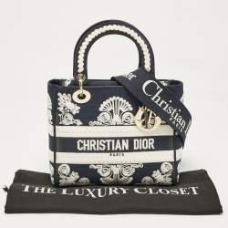 Pre Owned Dior Navy Blue/White Embroidered Cornely Canvas Medium Lady D-Lite Tote