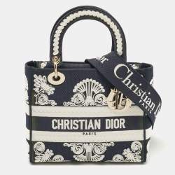 Pre Owned Dior Navy Blue/White Embroidered Cornely Canvas Medium Lady D-Lite Tote