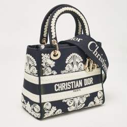Pre Owned Dior Navy Blue/White Embroidered Cornely Canvas Medium Lady D-Lite Tote