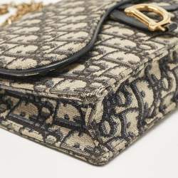Pre Owned Dior Blue Oblique Canvas Medium Chain Saddle Pouch