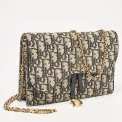 Pre Owned Dior Blue Oblique Canvas Medium Chain Saddle Pouch