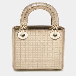 مملوكة مسبقًا Dior Gold Microcannage Patent Leather Mini Lady Dior Tote