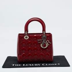 Pre Owned Dior Red Cannage Patent Leather Medium Lady Dior Tote