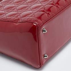 Pre Owned Dior Red Cannage Patent Leather Medium Lady Dior Tote