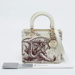 Pre Owned Dior Off White Leather Medium Embroidered Beads Lady Dior Tote