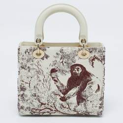 Pre Owned Dior Off White Leather Medium Embroidered Beads Lady Dior Tote