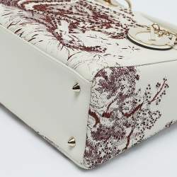 Pre Owned Dior Off White Leather Medium Embroidered Beads Lady Dior Tote