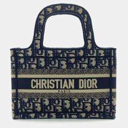 Dior Beige Navy Blue Fabric Oblique Mini Book Tote Bag