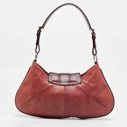 Pre Owned Dior Burgundy Snakeskin and Leather Buckle Flap Shoulder Bag