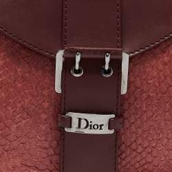 Pre Owned Dior Burgundy Snakeskin and Leather Buckle Flap Shoulder Bag