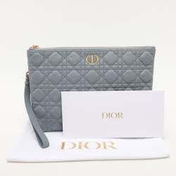 Pre Owned Dior Dust Blue Quilted Leather Caro Wristlet Clutch