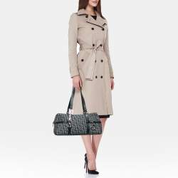 Pre Owned Dior Navy Blue Oblique Canvas and Leather Logo Charms Boston Bag