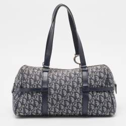 Pre Owned Dior Navy Blue Oblique Canvas and Leather Logo Charms Boston Bag