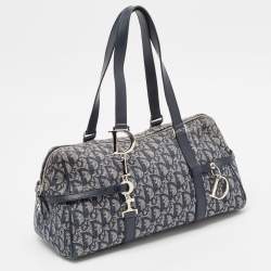 Pre Owned Dior Navy Blue Oblique Canvas and Leather Logo Charms Boston Bag