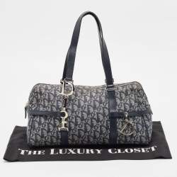 Pre Owned Dior Navy Blue Oblique Canvas and Leather Logo Charms Boston Bag