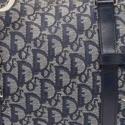 Pre Owned Dior Navy Blue Oblique Canvas and Leather Logo Charms Boston Bag