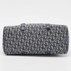 Pre Owned Dior Navy Blue Oblique Canvas and Leather Logo Charms Boston Bag