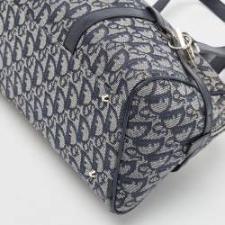 Pre Owned Dior Navy Blue Oblique Canvas and Leather Logo Charms Boston Bag