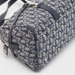 Pre Owned Dior Navy Blue Oblique Canvas and Leather Logo Charms Boston Bag