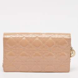 Pre Owned Dior Poudre Beige Cannage Patent Leather Lady Dior Chain Clutch