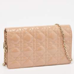 Pre Owned Dior Poudre Beige Cannage Patent Leather Lady Dior Chain Clutch