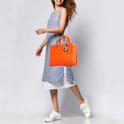 Pre Owned Dior Orange Cannage Patent Leather Large Lady Dior Tote