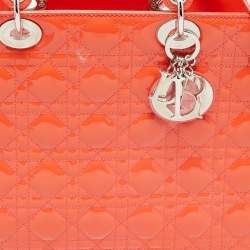 Pre Owned Dior Orange Cannage Patent Leather Large Lady Dior Tote