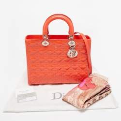 Pre Owned Dior Orange Cannage Patent Leather Large Lady Dior Tote