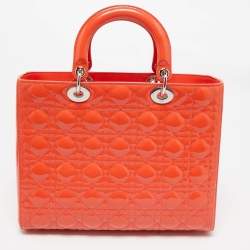 Pre Owned Dior Orange Cannage Patent Leather Large Lady Dior Tote