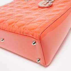 Pre Owned Dior Orange Cannage Patent Leather Large Lady Dior Tote