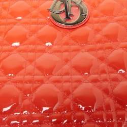 Pre Owned Dior Orange Cannage Patent Leather Large Lady Dior Tote