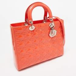 Pre Owned Dior Orange Cannage Patent Leather Large Lady Dior Tote