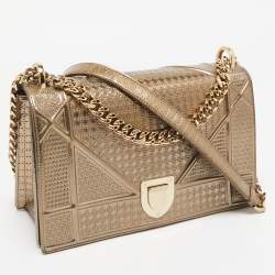 Pre Owned Dior Gold Microcannage Patent Leather Medium Diorama Flap Shoulder Bag