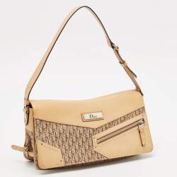 Pre Owned Dior Beige Oblique Canvas and Leather Zip Pocket Shoulder Bag