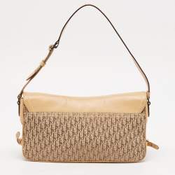 Pre Owned Dior Beige Oblique Canvas and Leather Zip Pocket Shoulder Bag