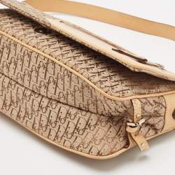 Pre Owned Dior Beige Oblique Canvas and Leather Zip Pocket Shoulder Bag