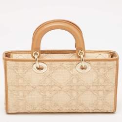 Pre Owned Dior Tan/Natural Cannage Straw Medium Lady D-Joy Tote
