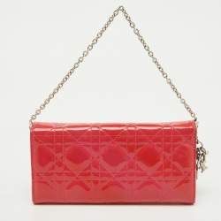 Pre Owned Dior Pink Cannage Patent Leather Lady Dior Wallet On Chain