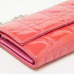Pre Owned Dior Pink Cannage Patent Leather Lady Dior Wallet On Chain